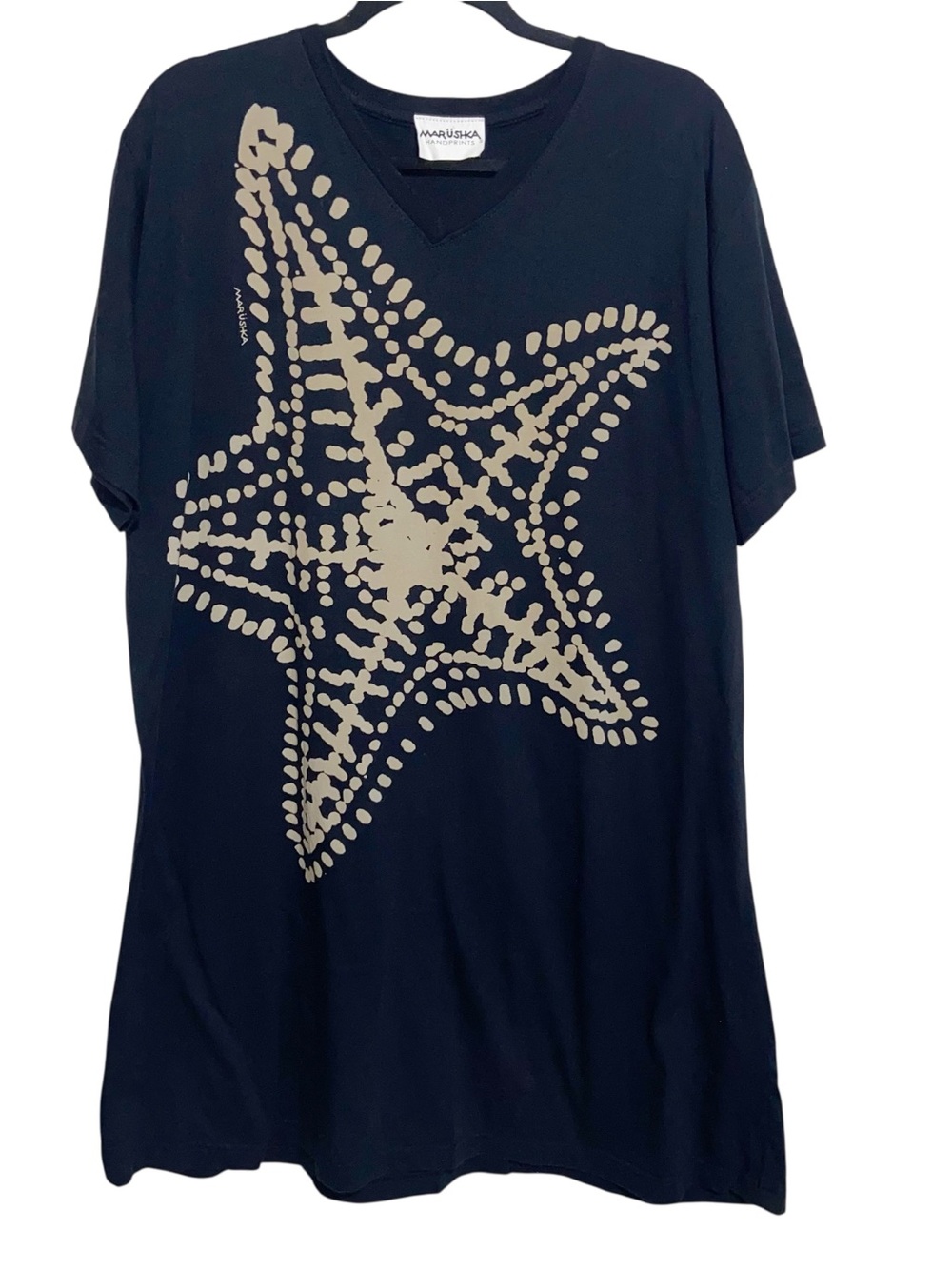 Marushka Handprints Top XL Long Black Tunic Starfish Beach Artsy Tee Coverup